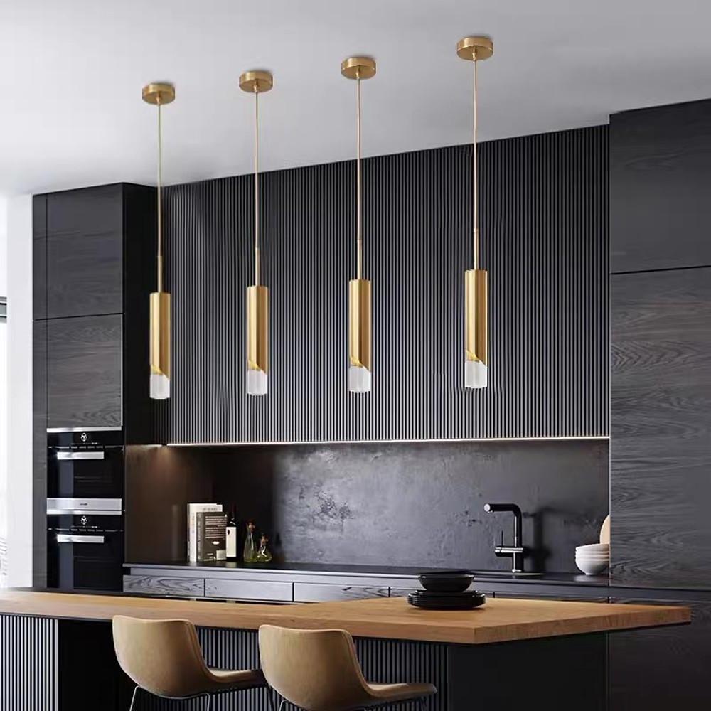 Crystal Column Mini Pendant — Gold-Finish Iron, Elongated Cylinder, GU10 LED, 3-Step Dimming, 2700K / 6000K