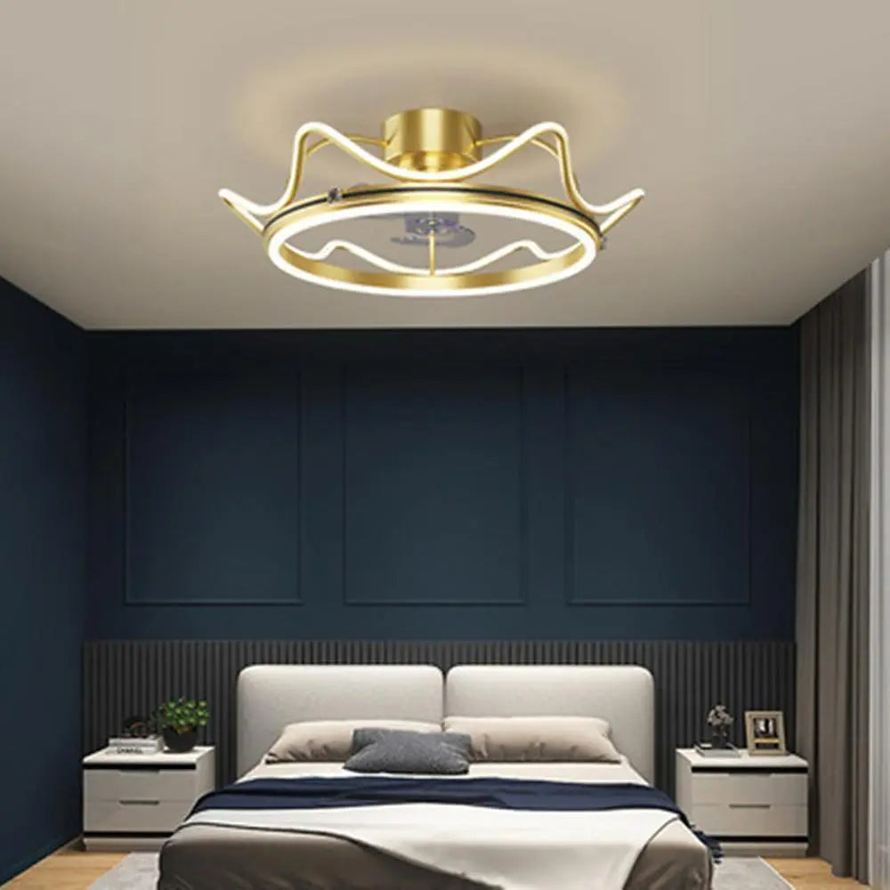 Crown-Shaped Bladeless Ceiling Fan with LED Lights for Bedroom - Gold Finish Luxe