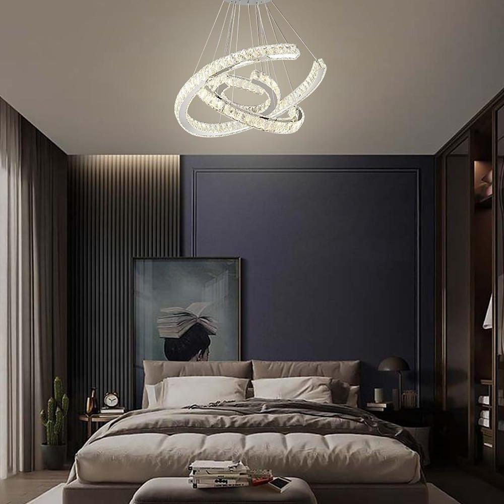 Crystal Wave Chandelier — Stainless Steel, 3-Light LED, 24" Wide, Adjustable 39" Cord