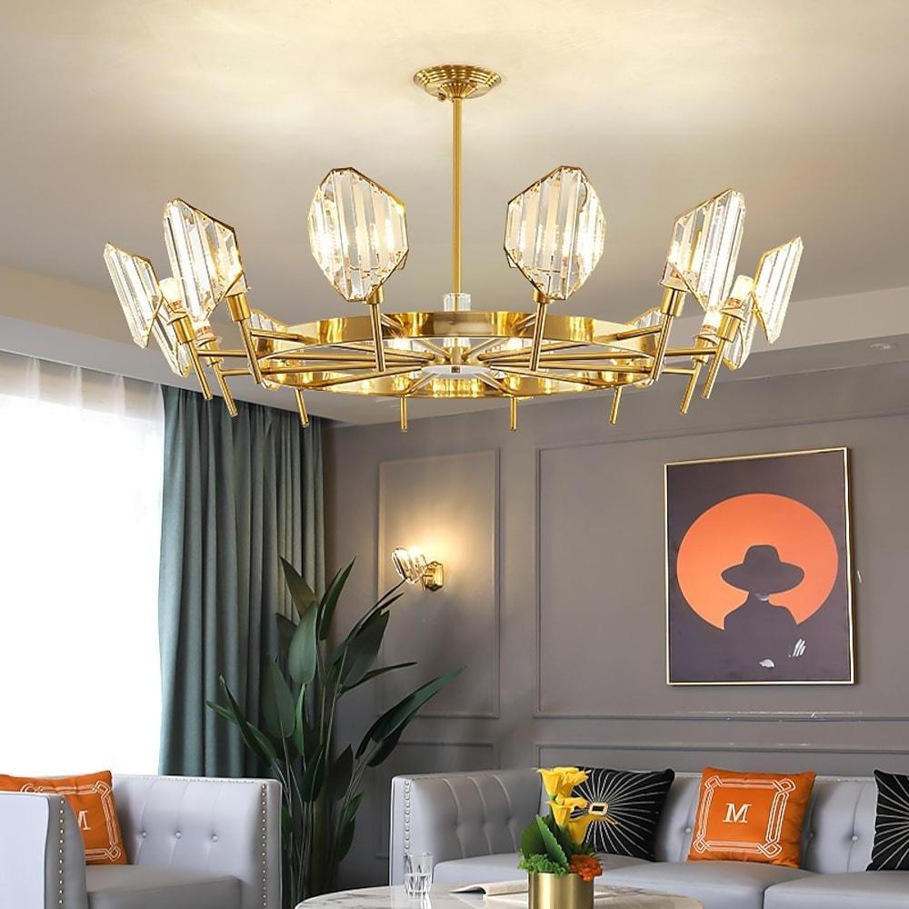Brass Ring Frame Crystal Chandelier — Gold Electroplated, Metal Arc Branches, 5- to 12-Light