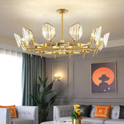 Brass Ring Frame Crystal Chandelier — Gold Electroplated, Metal Arc Branches, 5- to 12-Light