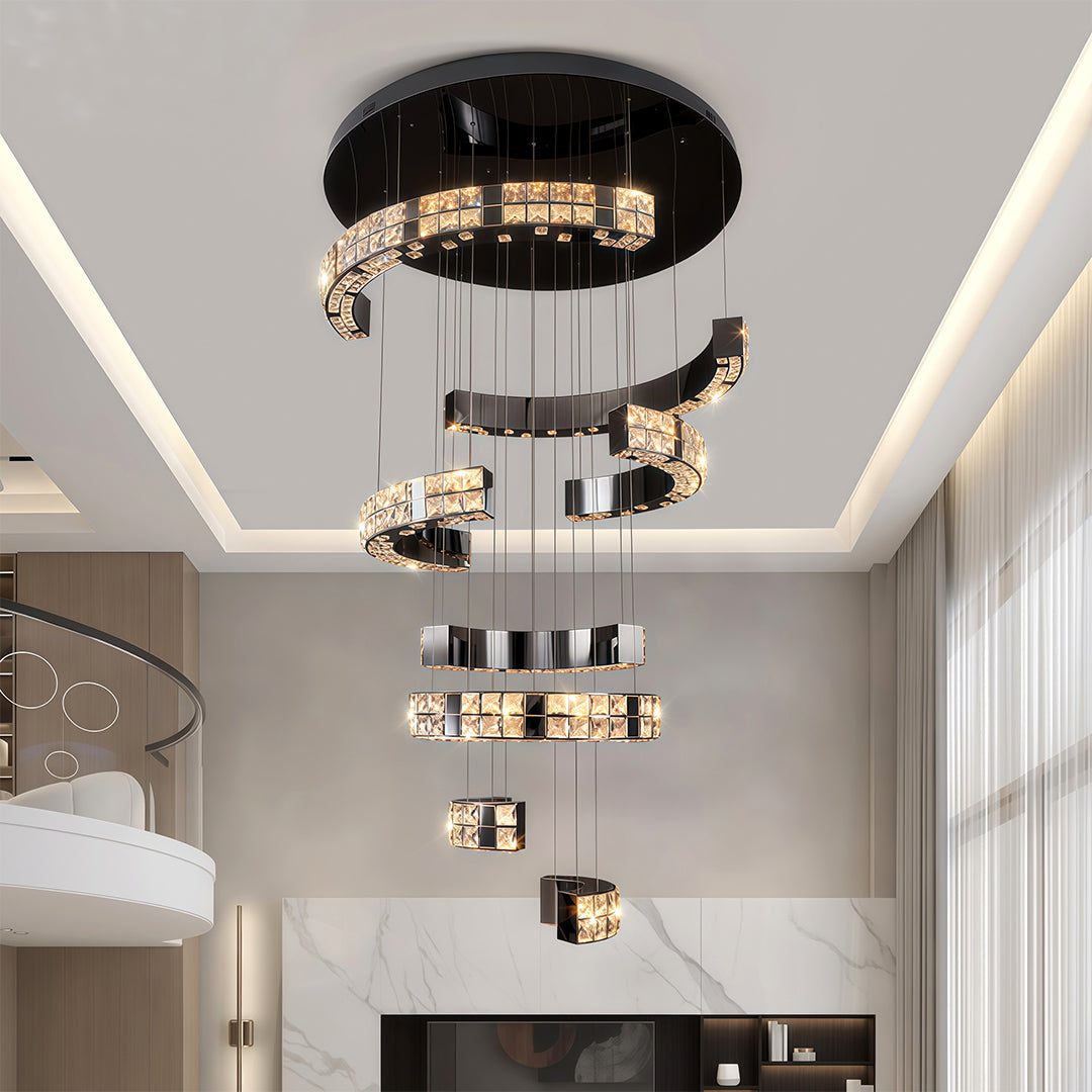 Modern K9 Crystal Chandelier — Stainless Steel, 39.4" or 47.2" Diameter, Chrome or Titanium Black, LED, Adjustable 59.1" Chain