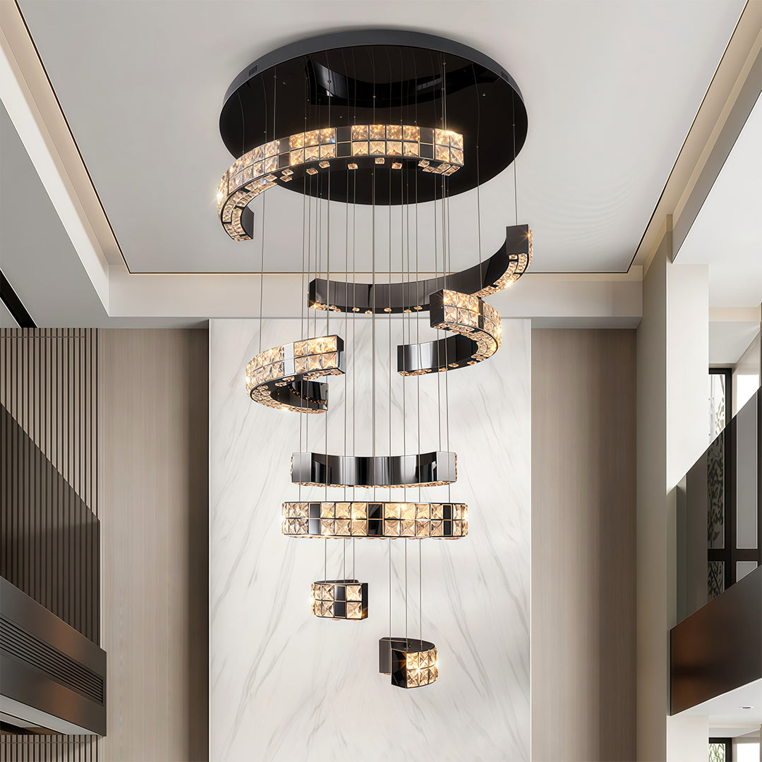 Modern K9 Crystal Chandelier — Stainless Steel, 39.4" or 47.2" Diameter, Chrome or Titanium Black, LED, Adjustable 59.1" Chain