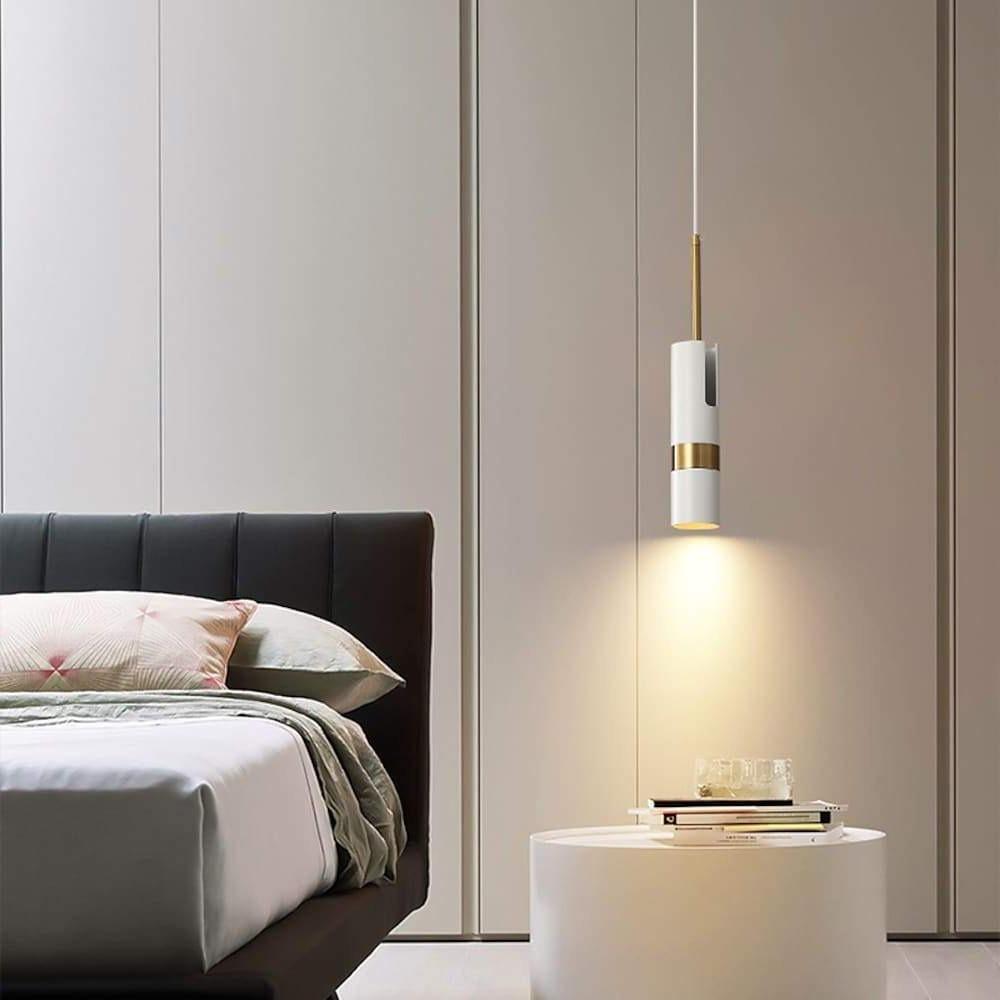 Norse-Inspired Cylindrical Mini Pendant — Black, White, or Gold Metal, 360° Rotating, 1-Light LED, 39" Adjustable Cord