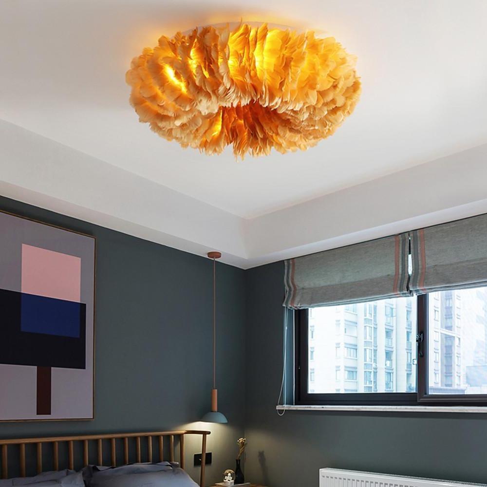 Round Feather Flush-Mount Chandelier — Metal, E27 LED, 3-Step Dimming, 6-Light or 8-Light, 20"–28"
