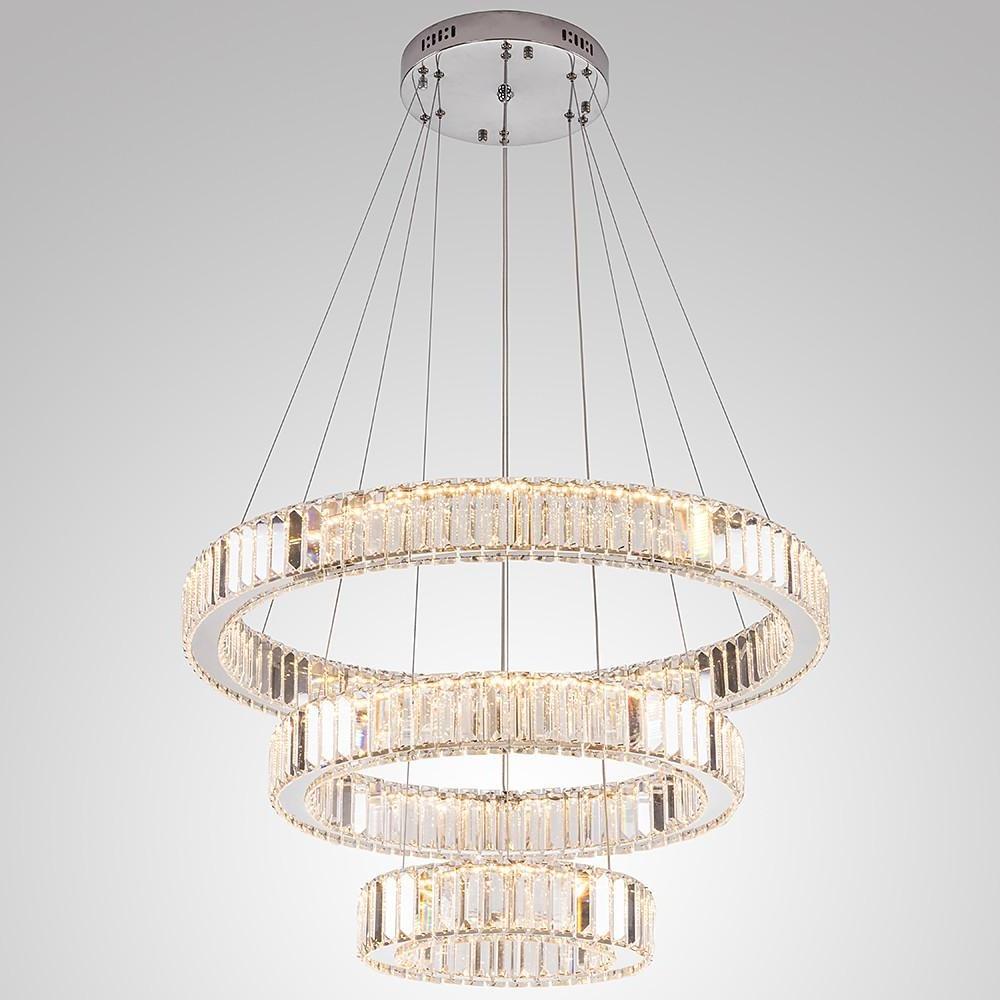 3-Tier Ring Chandelier — Polished Chrome and Crystal, LED, 28" Diameter, Adjustable Height