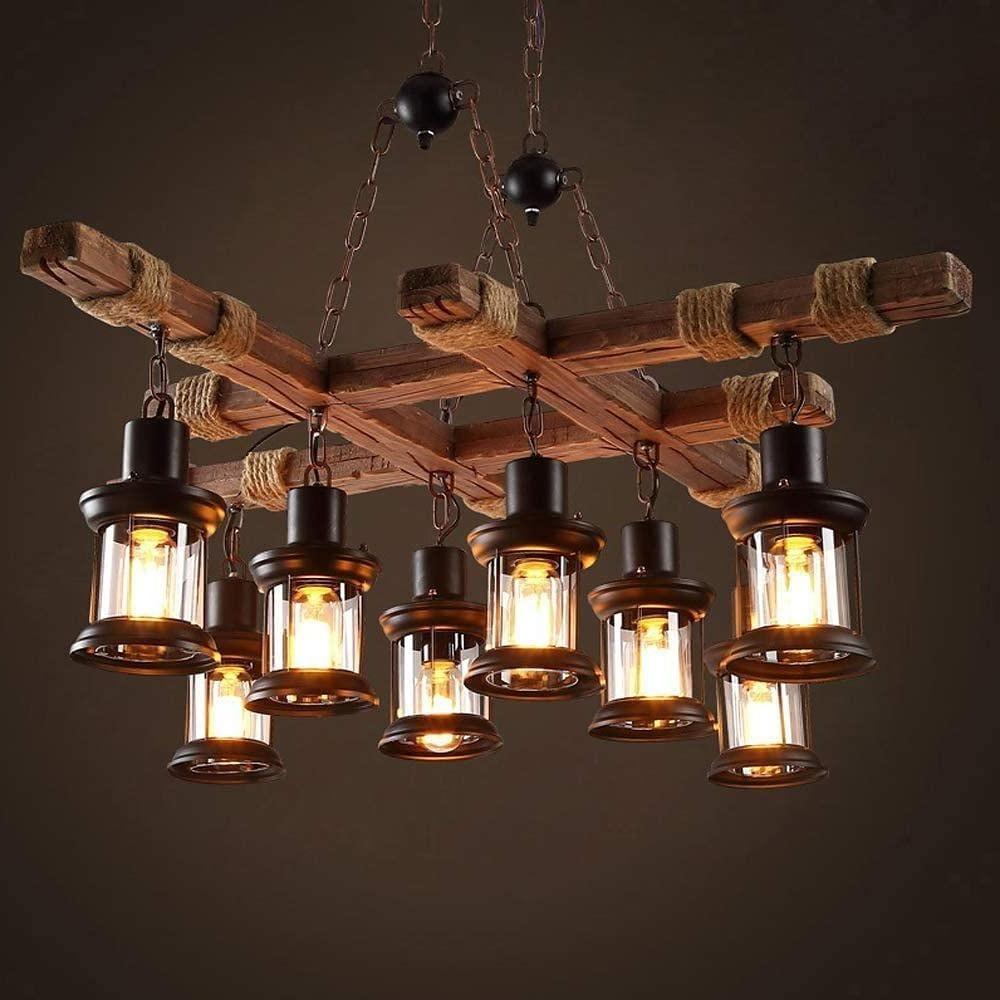 Vintage Farmhouse Geometric Chandelier — Wood and Glass, 39" Adjustable Cord, LED-Compatible