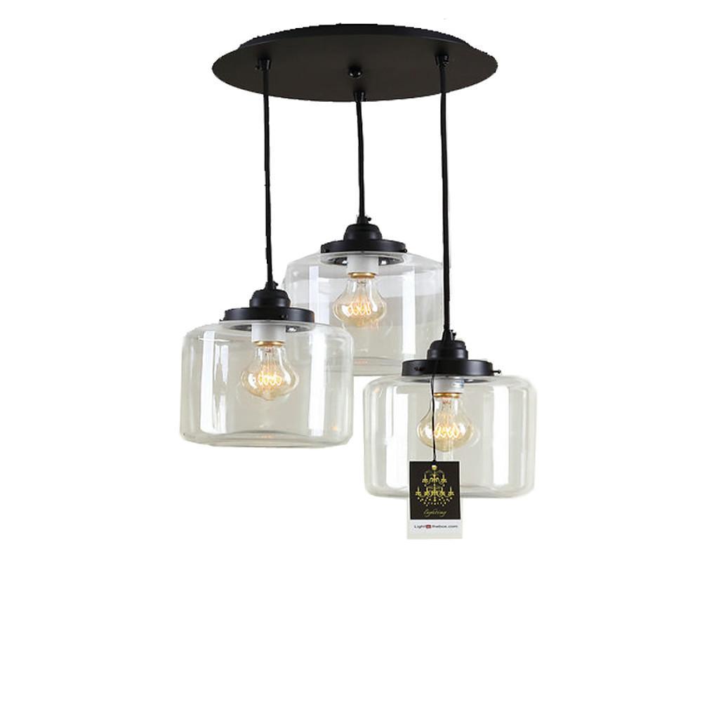 3-Light Industrial Glass Foyer Chandelier — Metal, Clear Glass Shades, 40W, 3000K