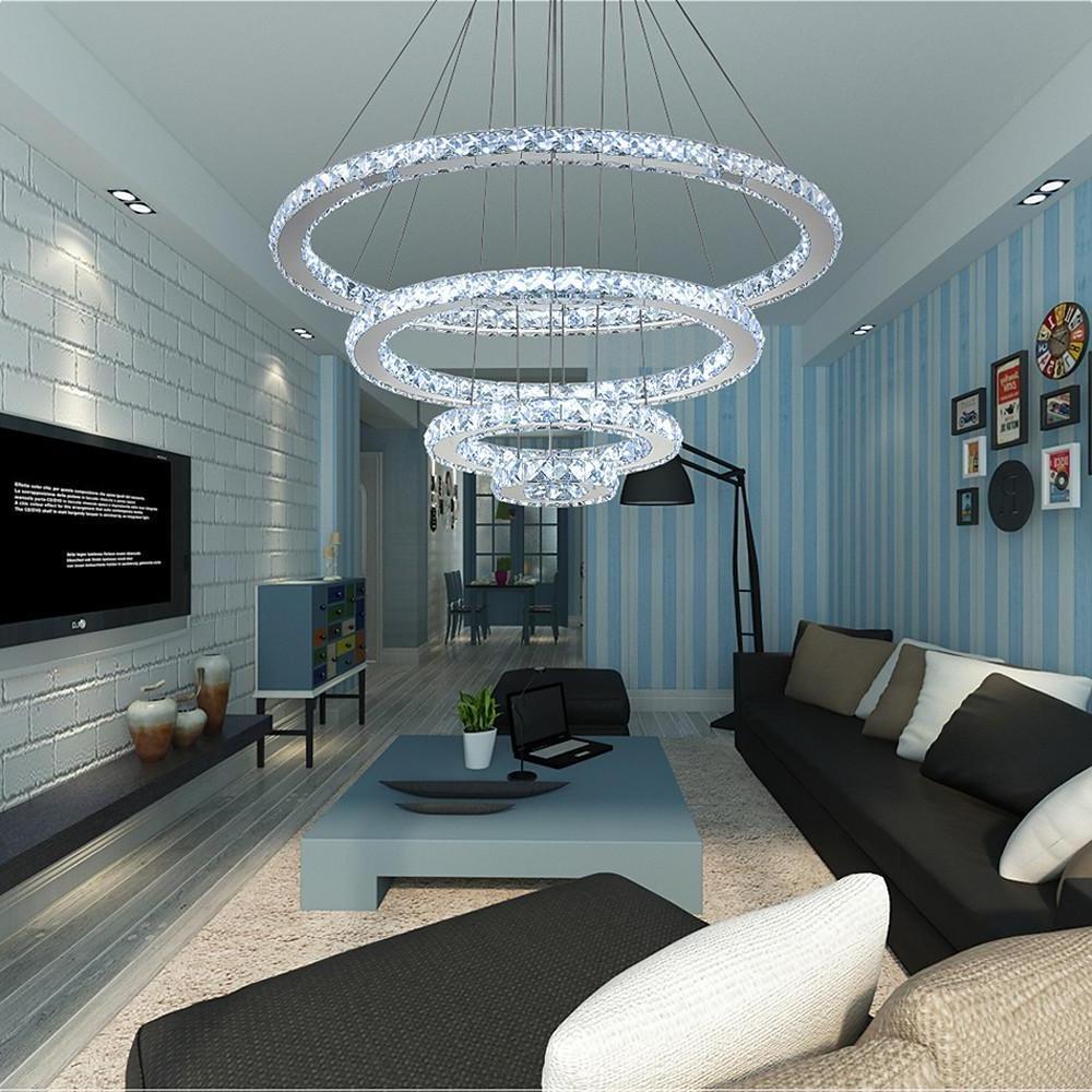 Modern Pendant Light: 4-Ring Electroplated Crystal LED Chandelier Hanging Lamp