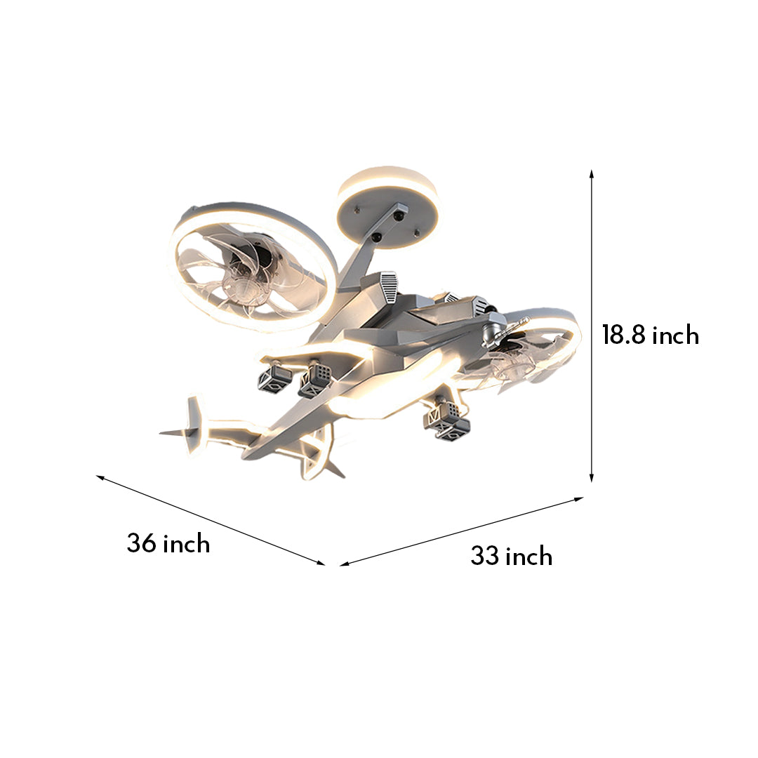 Fighter Jet Kids Ceiling Fan with Light — Metal, Acrylic Shade, Remote Stepless Dimming 3000K–6000K, 5-Speed, 360° Head