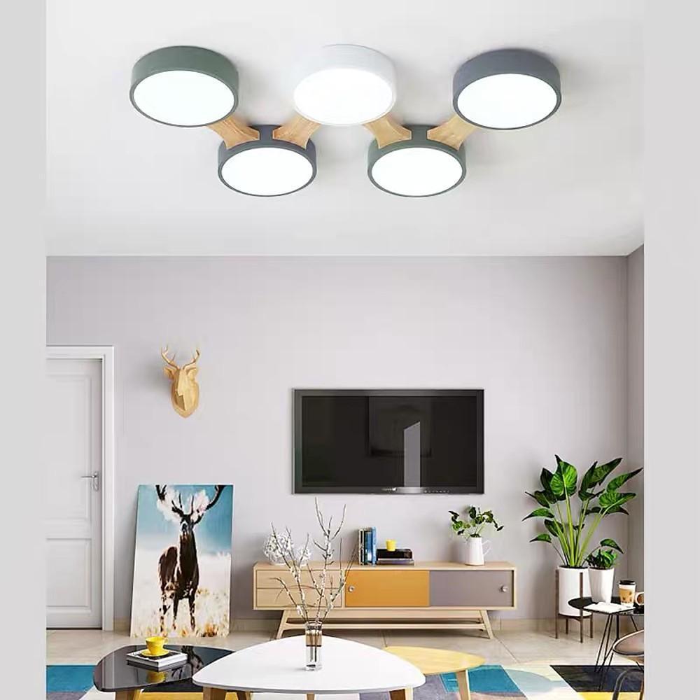 Circular Multi-Light LED Flush Mount — Wood/Bamboo and PVC, 3-Light / 4-Light / 5-Light, Dimmable 3000K–6000K, Remote Control