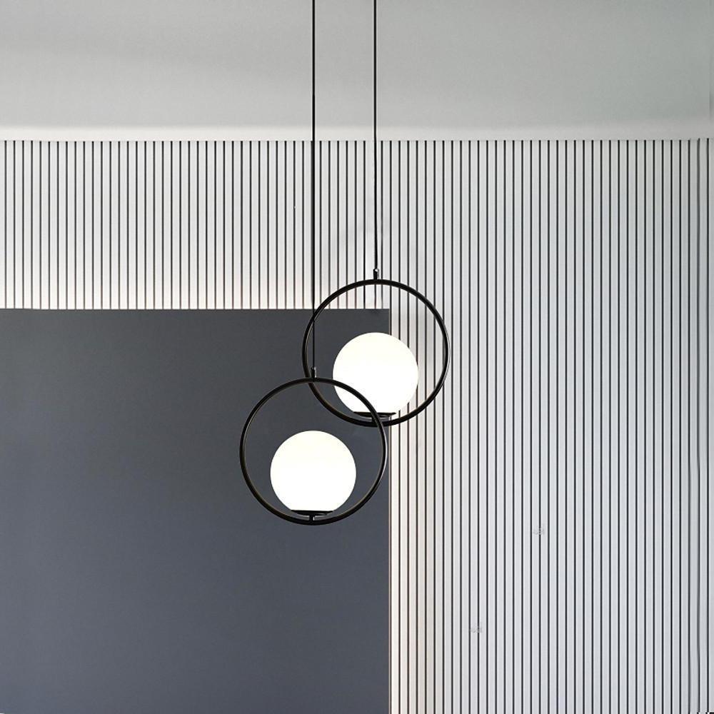 Opal Glass Ball Mini Pendant — Circular Metal Ring, LED, 13.8" Diameter, Adjustable to 59"