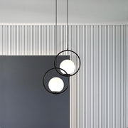 Opal Glass Ball Mini Pendant — Circular Metal Ring, LED, 13.8" Diameter, Adjustable to 59"