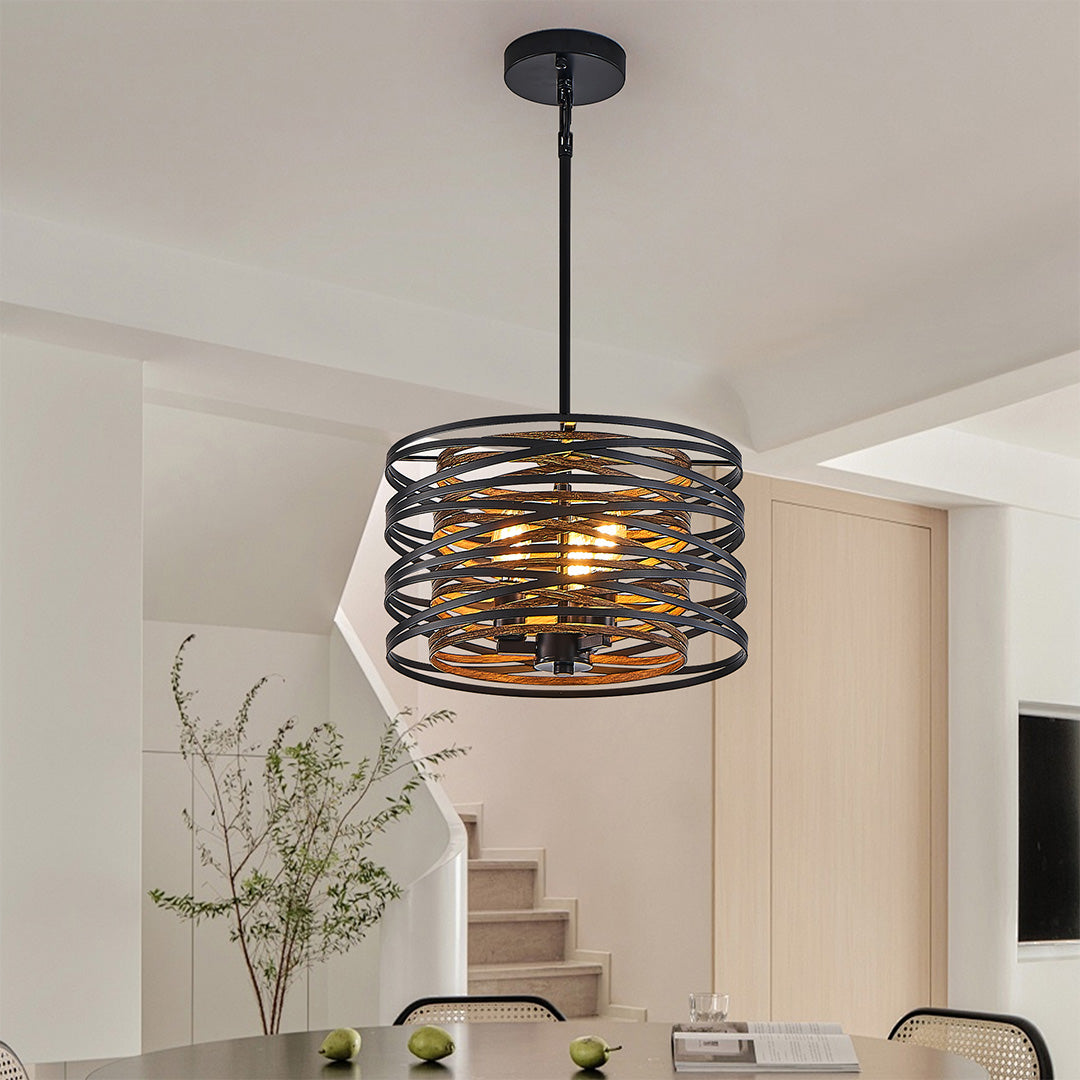 Round Drum Pendant Light — Black Iron, Walnut Wood Texture, Iron Cage, E12, 12.6" / 19.7" / 23.6"