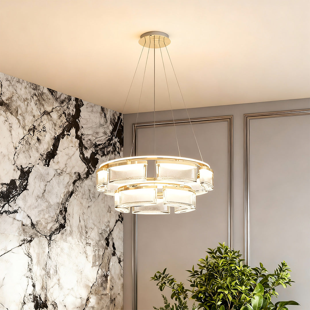 Modern Crystal Chandelier — Gold Aluminum Frame, Three-Color Dimming (3000K/4500K/6000K), Single & Double-Layer Configurations