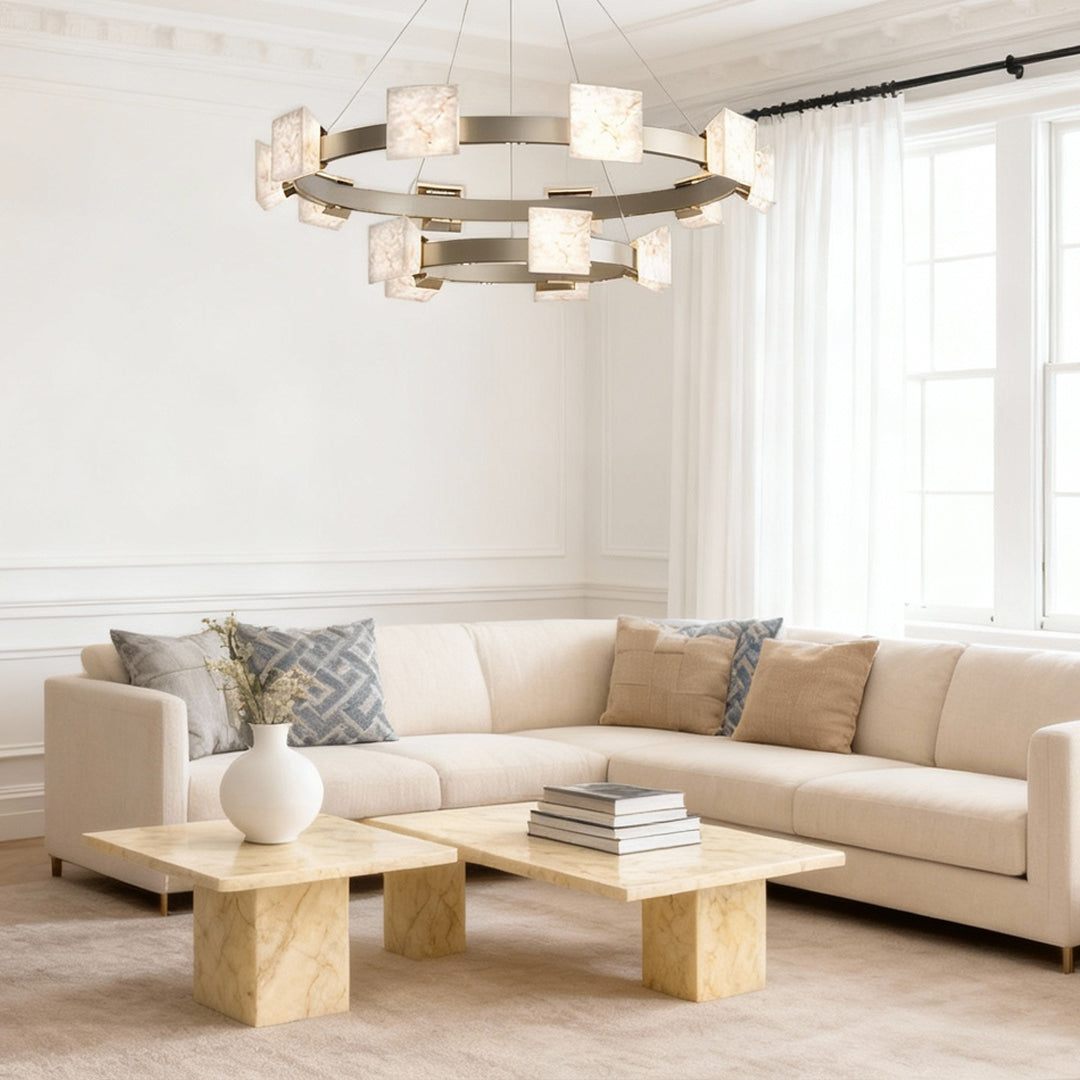 Cloud Stone Modern Chandelier — Aluminum, Gold & Gray, 2-Light to Two-Tier 10+5-Light, LED 3000K, 47.2" Adjustable Chain