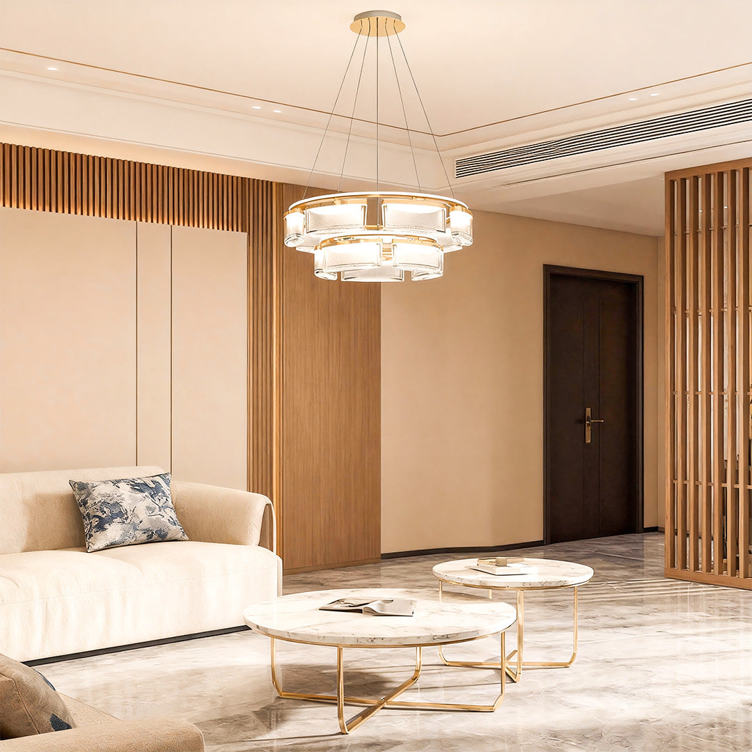 Modern Crystal Chandelier — Gold Aluminum Frame, Three-Color Dimming (3000K/4500K/6000K), Single & Double-Layer Configurations