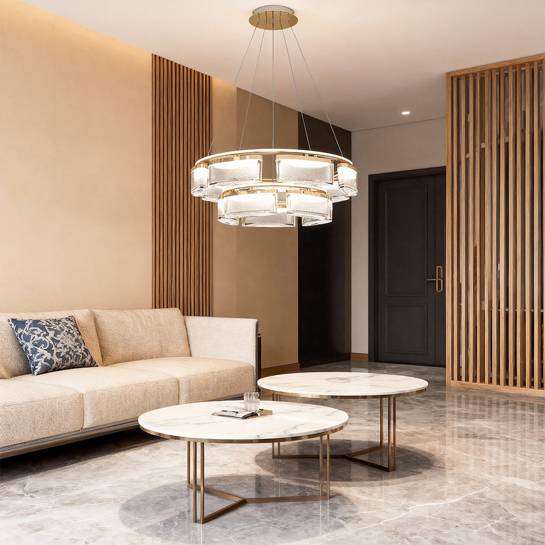 Modern Crystal Chandelier — Gold Aluminum Frame, Three-Color Dimming (3000K/4500K/6000K), Single & Double-Layer Configurations