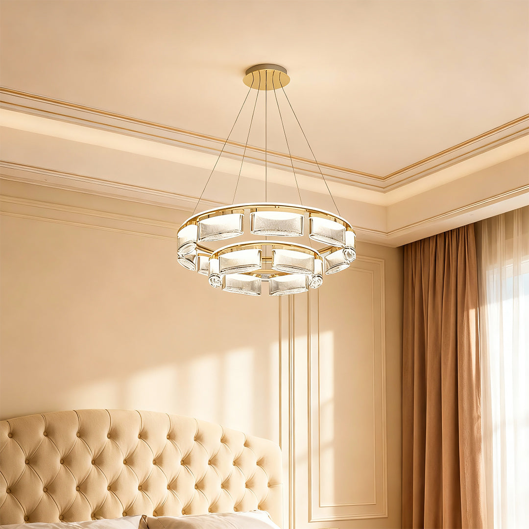 Modern Crystal Chandelier — Gold Aluminum Frame, Three-Color Dimming (3000K/4500K/6000K), Single & Double-Layer Configurations