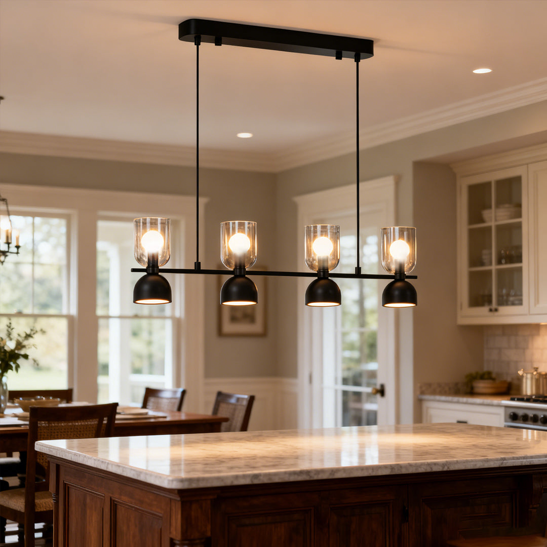 Adjustable Industrial Glass Pendant Chandelier — Matte Black Aluminum-Iron, 4- or 6-Light, Dimmable 3000K–6000K, 59.1" Chain