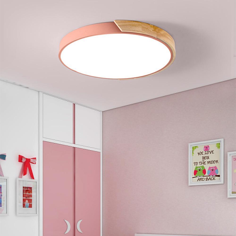 Circular Wood Flush-Mount Ceiling Light — Metal & PVC, LED, 16", 24W, Three-Step Dimming, Remote Control