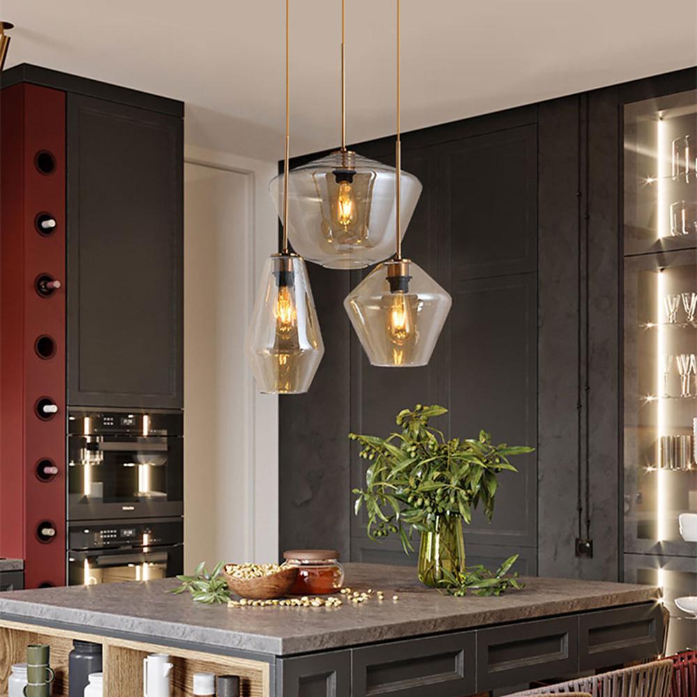 3-Light Retro Glass Pendant — Metal Base, LED Warm White 3200K, 12" Diameter, Kitchen Island
