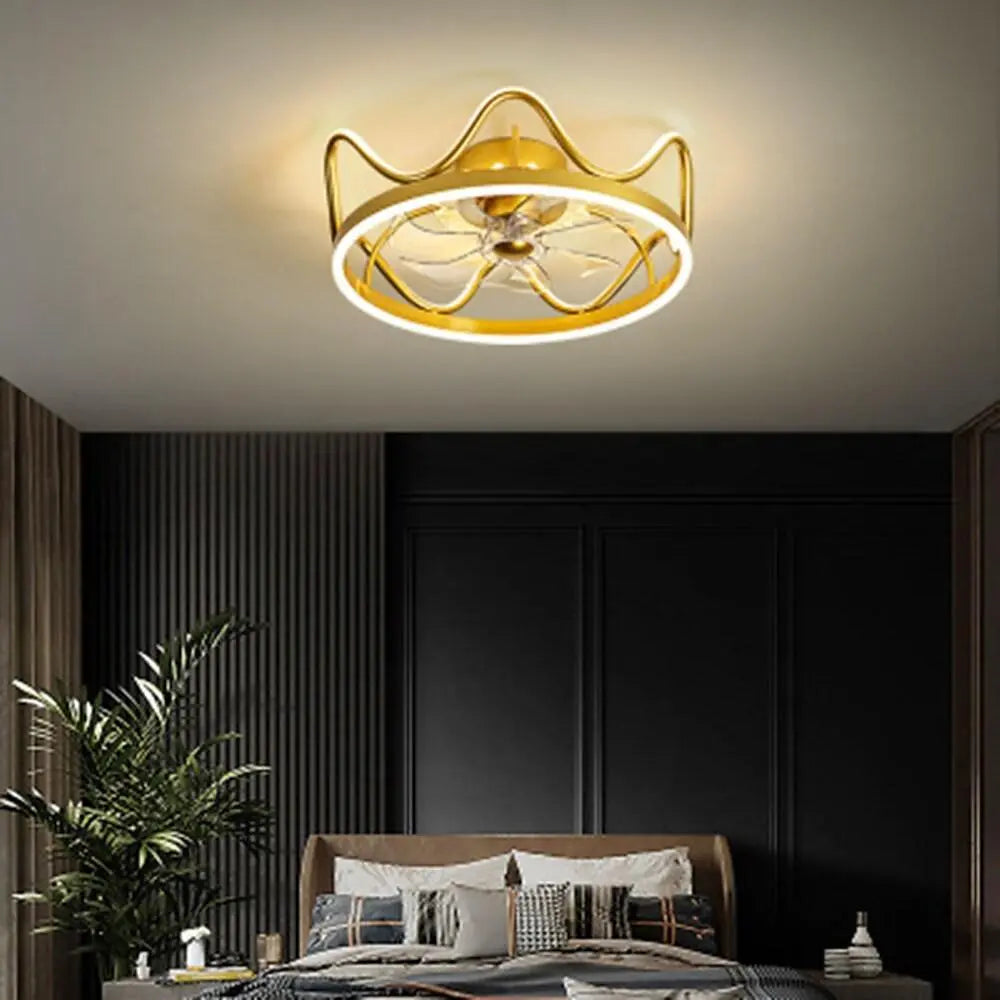 Gold and Black Crown-Shaped Ceiling Fan with Light Luxe