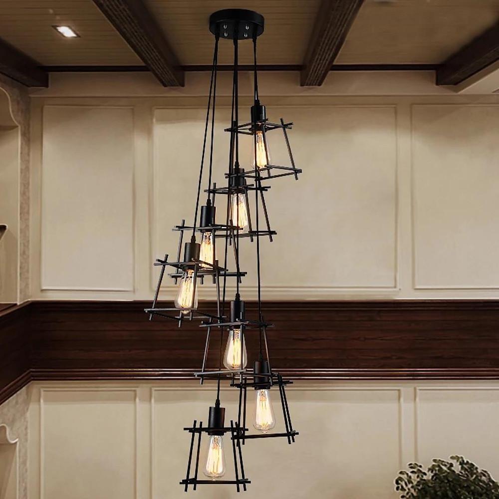 Industrial Cage Chandelier — Black Metal, Vintage Lantern, 1-Light, E26/E27, Adjustable Height