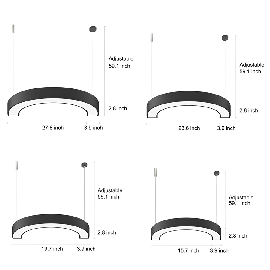 C-Shape Semicircular LED Pendant — Black Iron, Acrylic Diffuser, 6000K, 8 Size Options