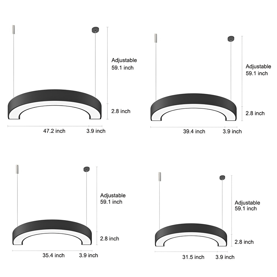 C-Shape Semicircular LED Pendant — Black Iron, Acrylic Diffuser, 6000K, 8 Size Options