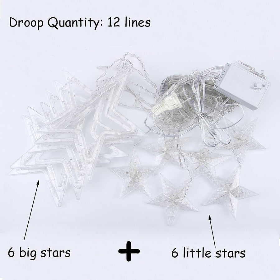 Acrylic Star LED Curtain String Lights — 216 Bulbs, 8.2 ft, 8 Modes, IP44, Warm White