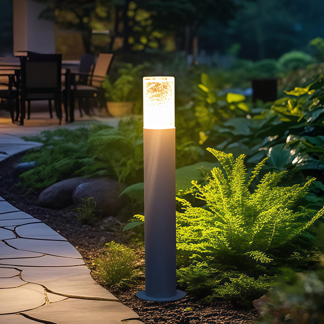 Cylindrical Outdoor Bollard Light — Die-Cast Aluminum, Crackled Glass, E27, IP54, Open-Top or Capped