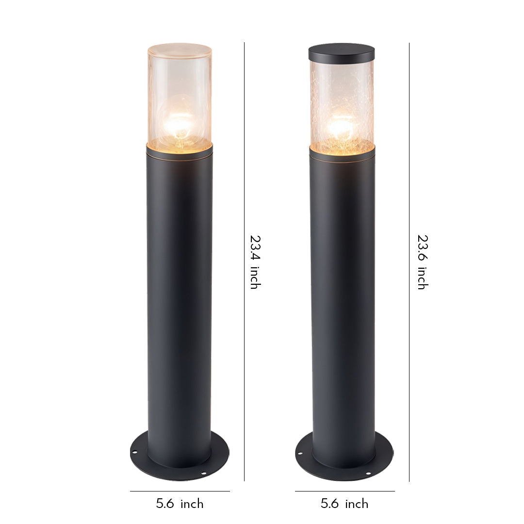 Cylindrical Outdoor Bollard Light — Die-Cast Aluminum, Crackled Glass, E27, IP54, Open-Top or Capped