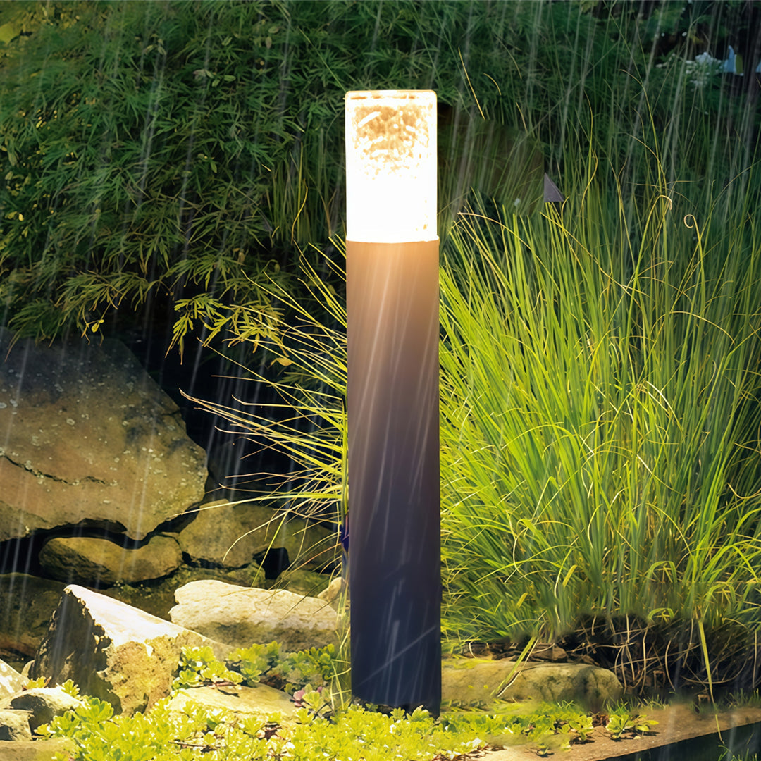 Cylindrical Outdoor Bollard Light — Die-Cast Aluminum, Crackled Glass, E27, IP54, Open-Top or Capped