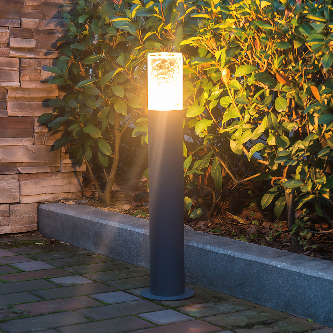 Cylindrical Outdoor Bollard Light — Die-Cast Aluminum, Crackled Glass, E27, IP54, Open-Top or Capped