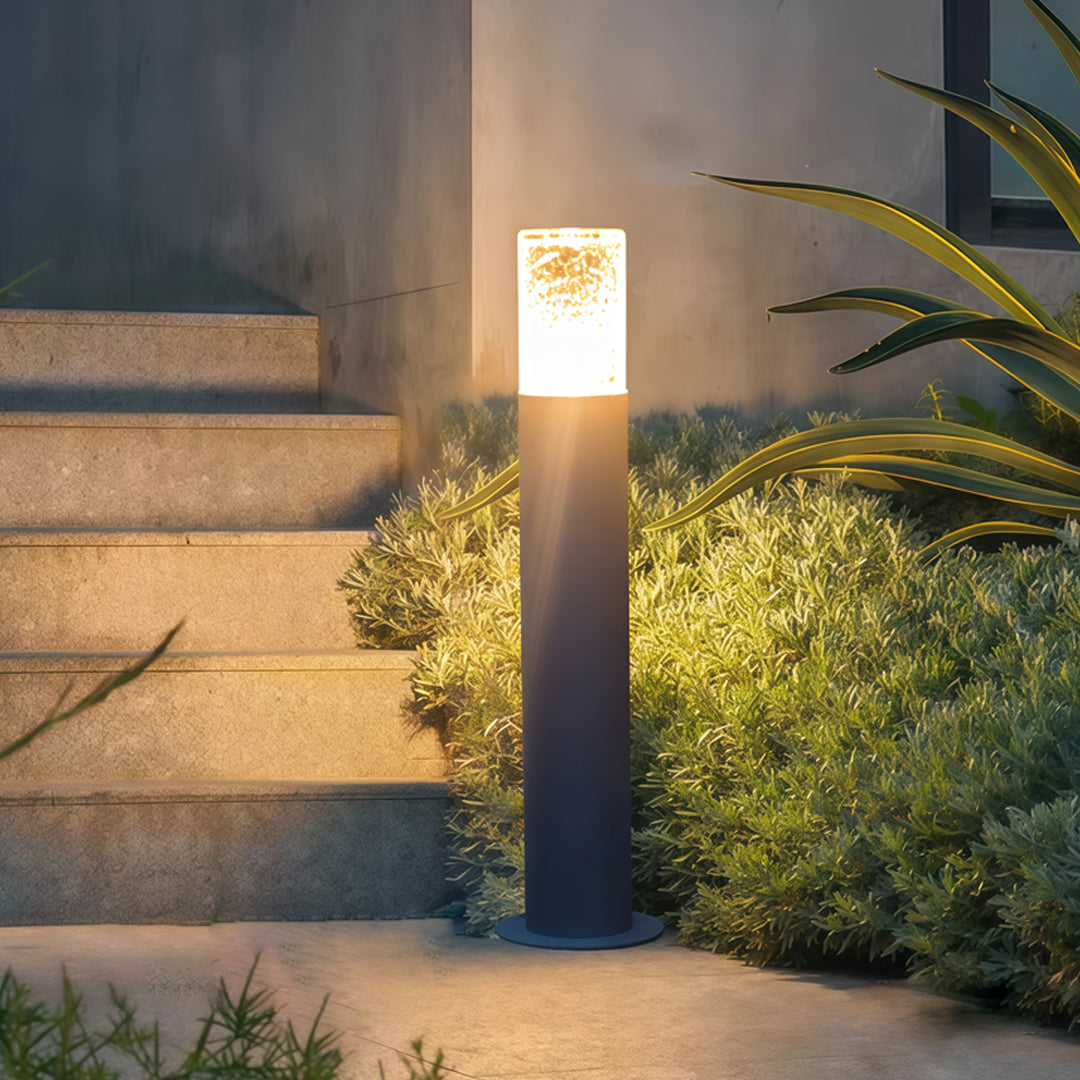 Cylindrical Outdoor Bollard Light — Die-Cast Aluminum, Crackled Glass, E27, IP54, Open-Top or Capped