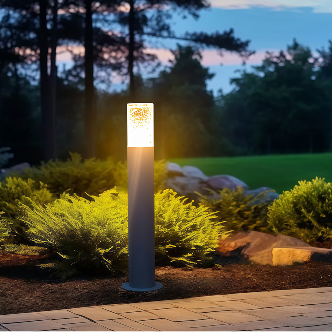Cylindrical Outdoor Bollard Light — Die-Cast Aluminum, Crackled Glass, E27, IP54, Open-Top or Capped