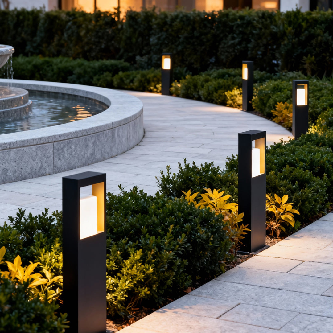 Square Geometric Bollard Light — Stainless Steel, Black, LED Warm White, IP55, Solar / Hardwired, 6W–10W