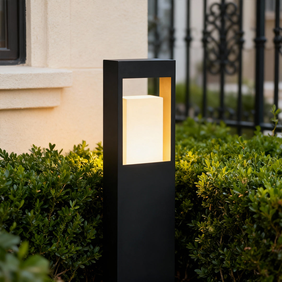 Square Geometric Bollard Light — Stainless Steel, Black, LED Warm White, IP55, Solar / Hardwired, 6W–10W