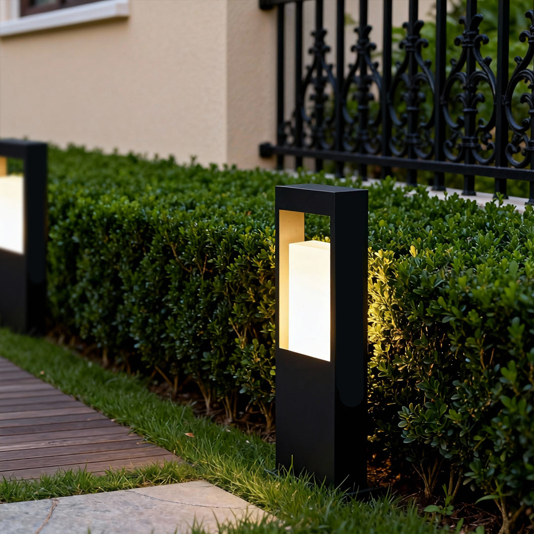 Square Geometric Bollard Light — Stainless Steel, Black, LED Warm White, IP55, Solar / Hardwired, 6W–10W