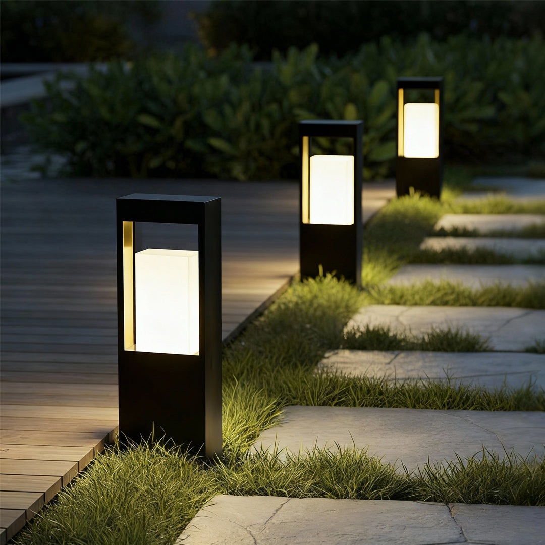 Square Geometric Bollard Light — Stainless Steel, Black, LED Warm White, IP55, Solar / Hardwired, 6W–10W