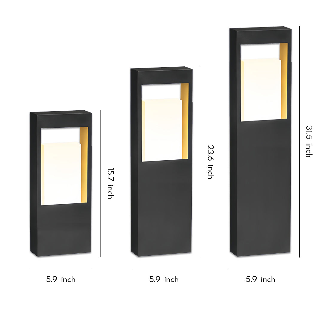 Square Geometric Bollard Light — Stainless Steel, Black, LED Warm White, IP55, Solar / Hardwired, 6W–10W