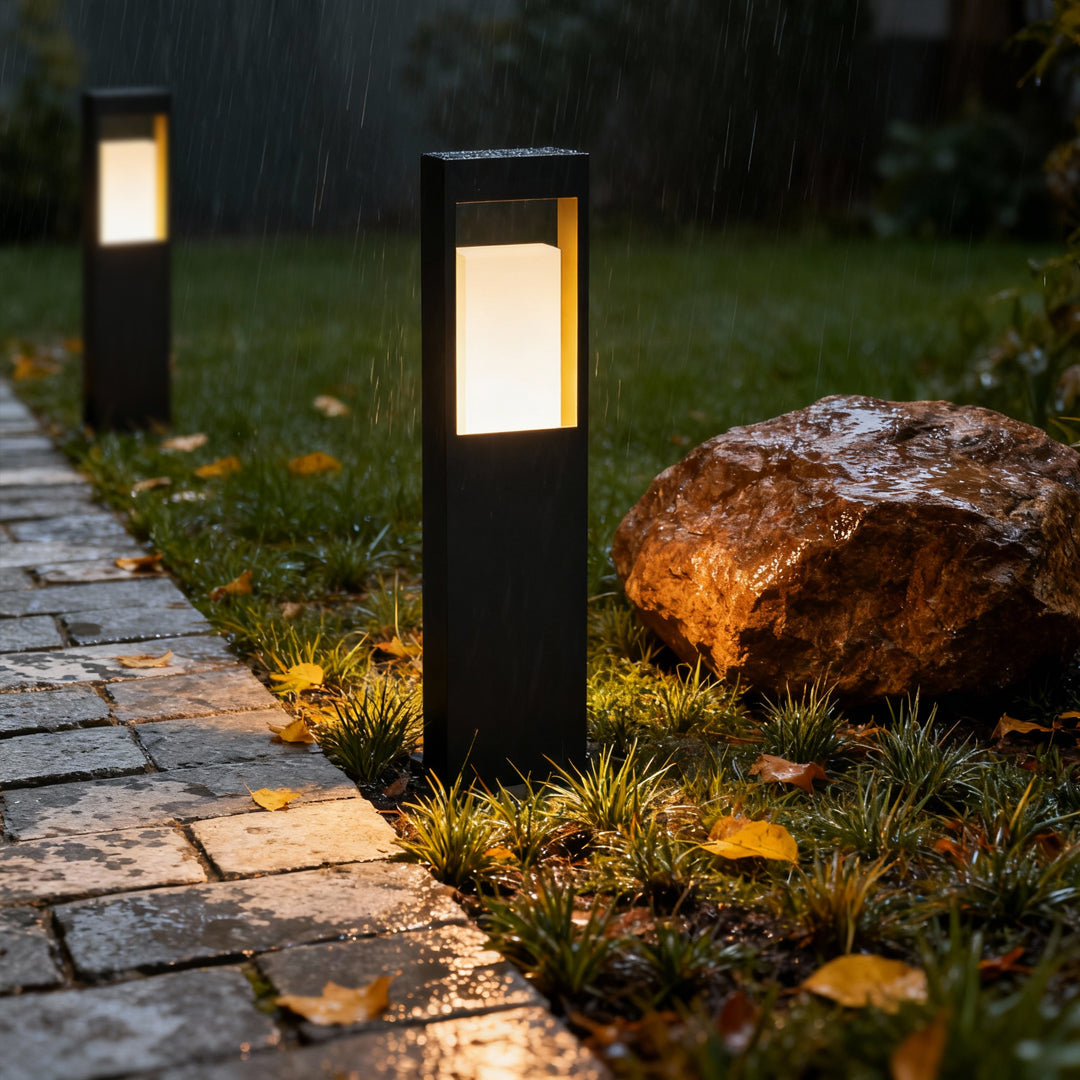 Square Geometric Bollard Light — Stainless Steel, Black, LED Warm White, IP55, Solar / Hardwired, 6W–10W