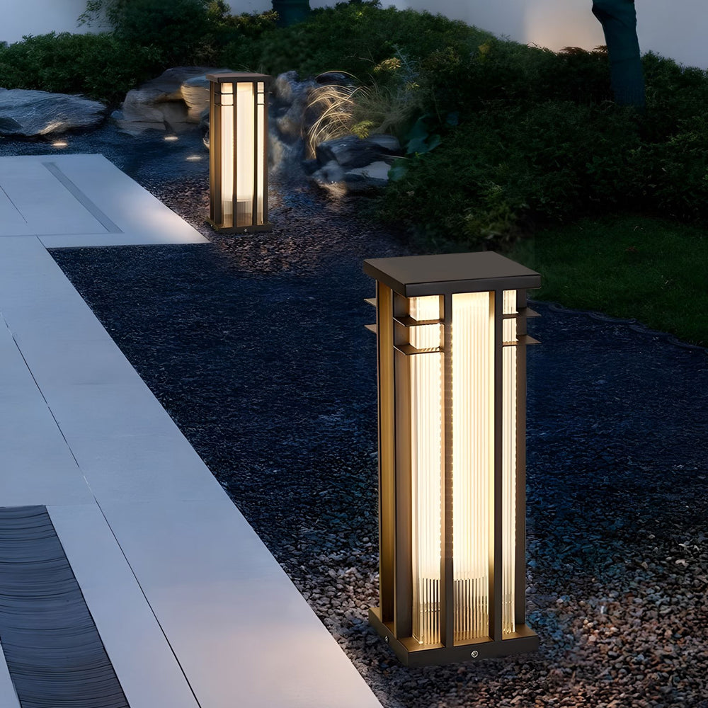 Modern Bollard Path Light — Stainless Steel, Faux Alabaster Shade, LED, Solar + Hardwired, IP65, Remote Control, 17.7" or 25.6"