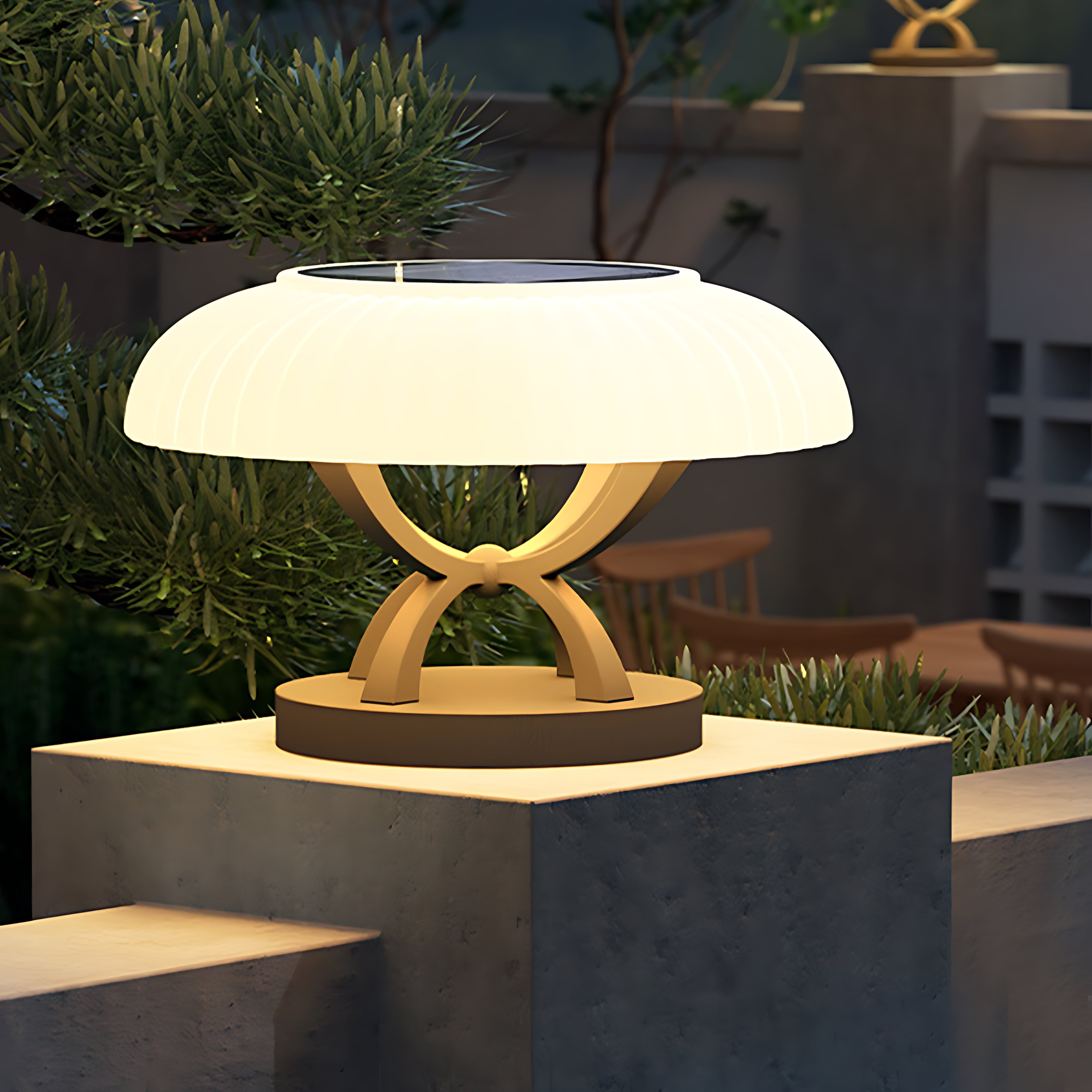 Modern Arc Column Pillar Light — Stainless Steel, PE Shade, LED 3000K, IP65, Solar / Hardwired