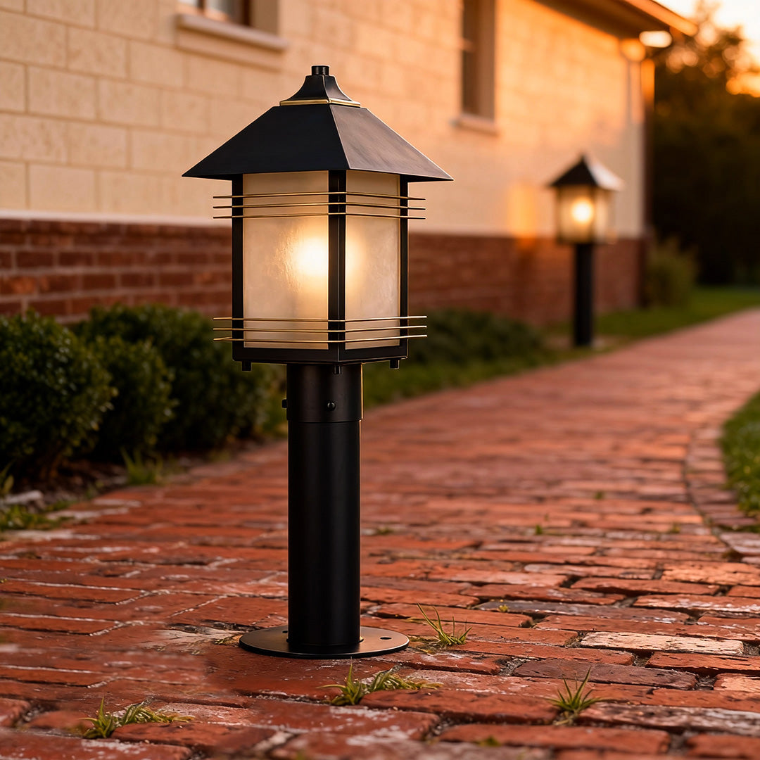 Copper Path Light — Black Gold-Brushed Finish, Glass Shade, E27, IP55, Hardwired, 23.6"