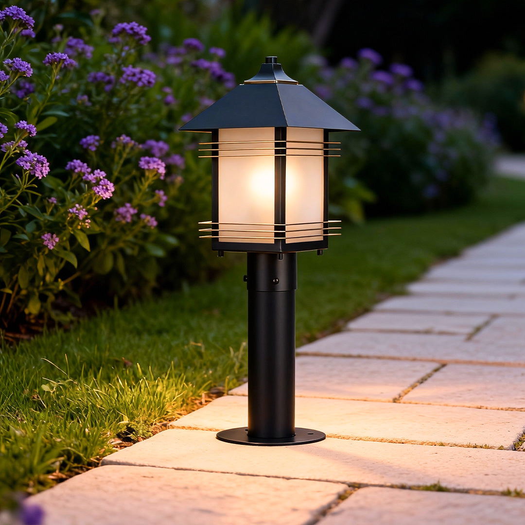Copper Path Light — Black Gold-Brushed Finish, Glass Shade, E27, IP55, Hardwired, 23.6"
