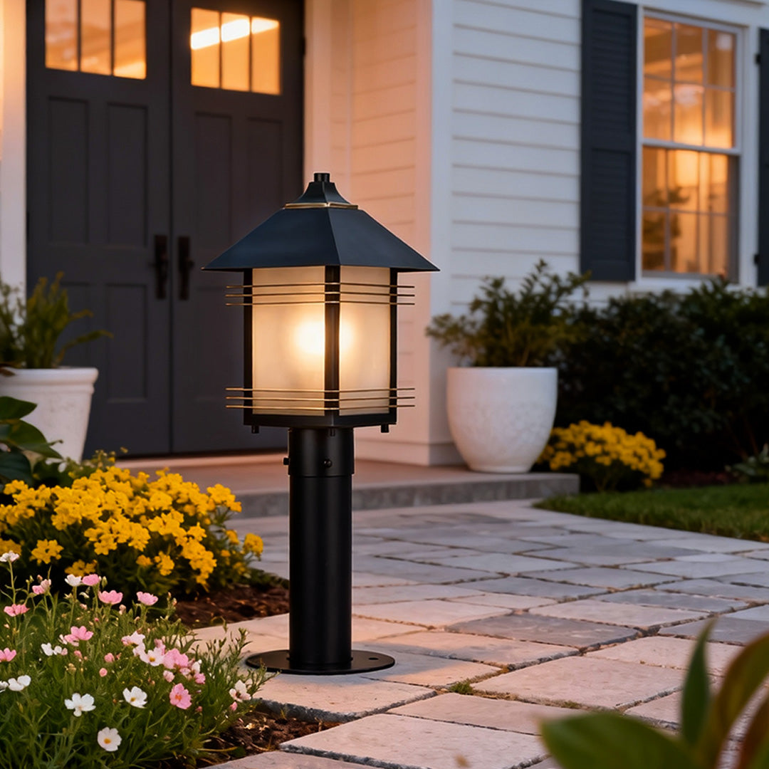Copper Path Light — Black Gold-Brushed Finish, Glass Shade, E27, IP55, Hardwired, 23.6"