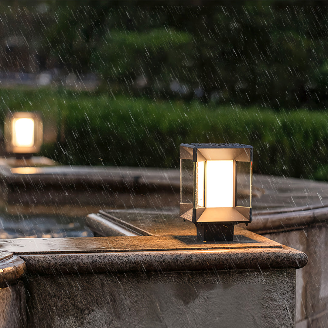 Modern Minimalist Outdoor Pillar Light — Black Aluminum, Clear Glass, Solar / Hardwired, IP65, LED E27, 3 Sizes