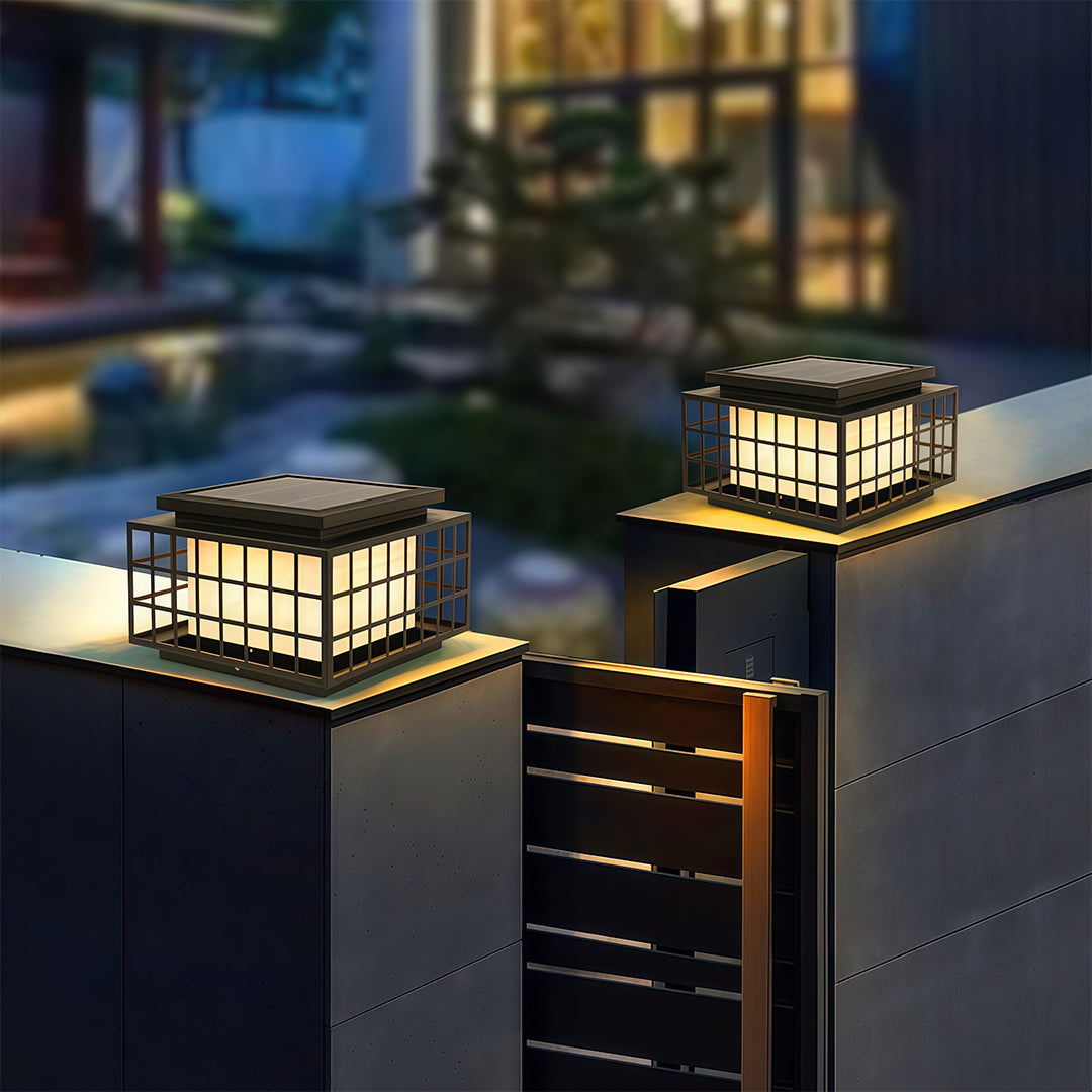 Modern Gate Pillar Light — Black Stainless Steel, Marble-Effect Shade, Solar or Hardwired, IP54, E27, 4 Sizes